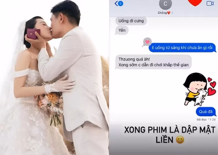 Người đẹp 36 tuổi được chồng chăm sóc từng li từng tí. Cô từng khoe tin nhắn ngọt ngào giữa hai vợ chồng, trong đó chồng cô dặn dò vợ uống tổ yến để bồi bổ sức khỏe.