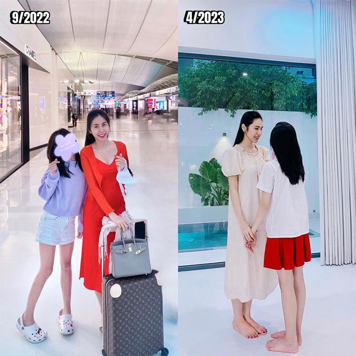 "Nàng ấy cao gần bằng mẹ rồi. Kiểu này vài năm nữa là cao hơn mẹ luôn đó. Ông chồng mình lần nào cũng nói con cao là nhờ gen ổng, ở đâu ra, trong khi em ngày ngày xem cách bổ sung vitamin khoáng chất đúng cách cho Gạo...", Thủy Tiên chia sẻ bức ảnh khoe con gái cao gần bằng mình trên trang cá nhân.