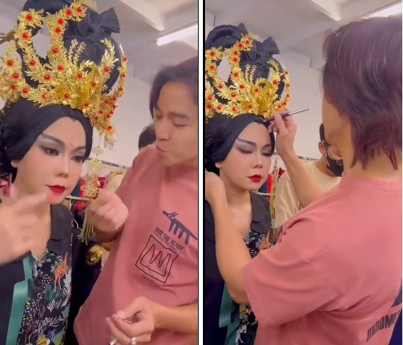 Ông xã Hoài Phương hỗ trợ vợ sau cánh gà, còn không ngừng "thả tim" thể hiện tình cảm.