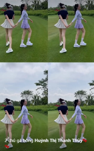 Trong trang phục chơi golf với chân váy ngắn, hai nàng hậu nhà Sen Vàng khoe triệt để đôi chân dài miên man, trắng nuột nà.
