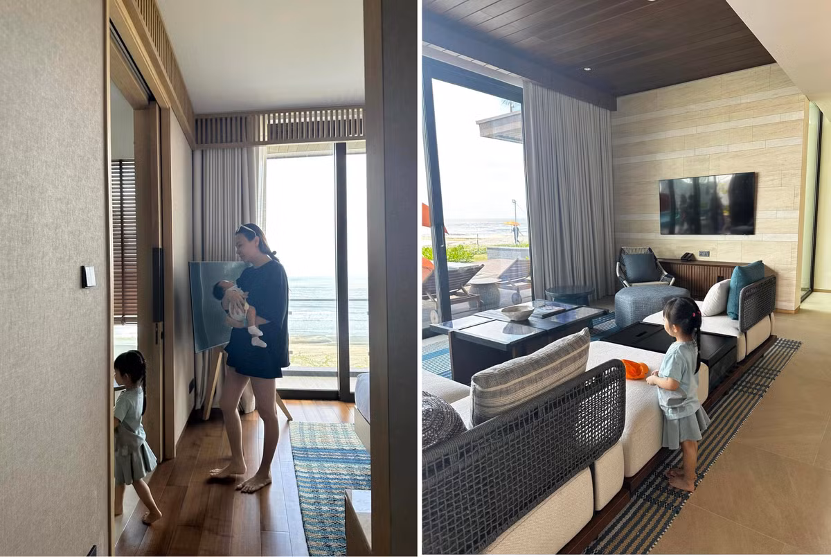 Bà xã của Cường Đô la vận đồ đơn giản, bế quý tử Sutin.