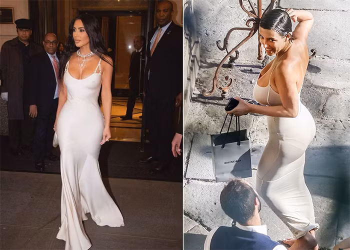 Cùng là váy dạ hội màu trắng, cùng kiểu khoe ngực giống nhau nhưng so với Bianca, Kim Kardashian đẳng cấp hơn hẳn. (Ảnh: Instagram, Backgrid)