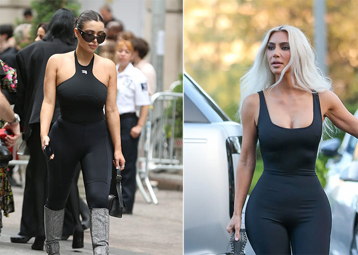 Bianca Censori được cho là bắt chước Kim Kardashian trong cách ăn mặc nhất là với các trang phục ôm sát. (Ảnh: SplashNews, GC Images)