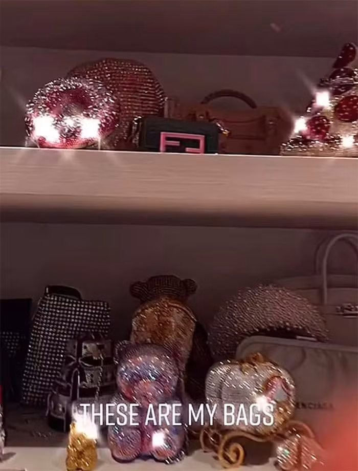 Trong video, North đã cho người hâm mộ xem một số tài sản quý giá nhất của bé, bao gồm một chiếc ví cầm tay hình bánh pizza, một chiếc túi xe hình quả bí ngô, một chiếc túi hình gấu của thương hiệu Judith Leiber, mỗi chiếc túi này đều có giá 5000 USD (115 triệu đồng)/chiếc. Ngoài ra, North còn có một loạt túi hàng hiệu khác như Christian Dior Saddle Bag, Balenciaga Neo Classic và Jacquemus Le Chiquito.