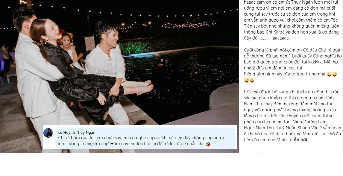 Trong đó, mỹ nhân sinh năm 1982 chia sẻ, lần đầu tiên trong đời mới có một bức hình "để đời", đó là khoảnh khắc trước khi bị chú rể Gin Tuấn Kiệt và ca sĩ S.T Sơn Thạch ném xuống hồ bơi.