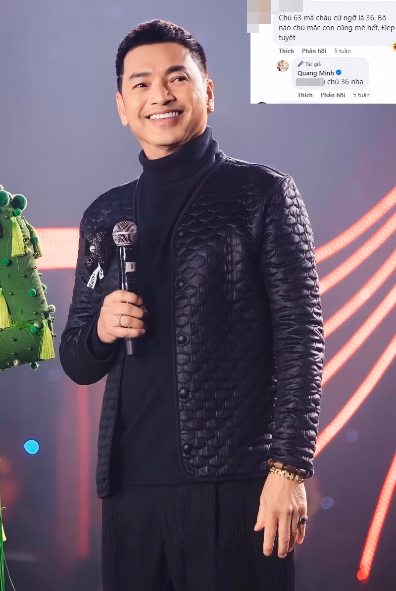 Trong khoảnh khắc đứng trên sân khấu, diễn viên Quang Minh còn được một khán giả khen ngợi: "Chú 63 tuổi mà cháu cứ ngỡ là 36. Bộ nào chú mặc con cũng mê hết". Nam nghệ sĩ cũng dí dỏm đáp lại: "Chú 36 tuổi nha".
