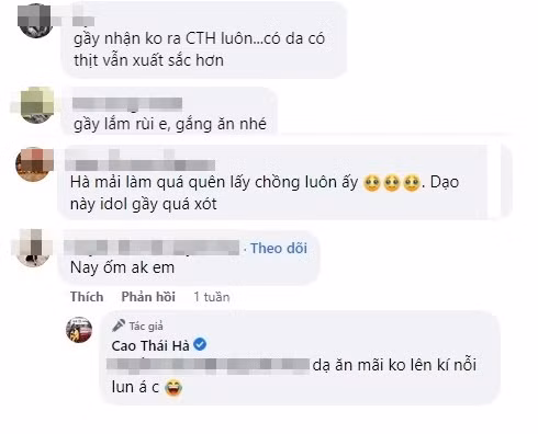 Vóc dáng gầy trơ xương của Cao Thái Hà khiến bạn bè và fan của cô bày tỏ sự xót xa, lo lắng. Có nickname còn phải thốt lên rằng: "Gầy không nhận ra Cao Thái Hà luôn... Có da có thịt vẫn xuất sắc hơn".