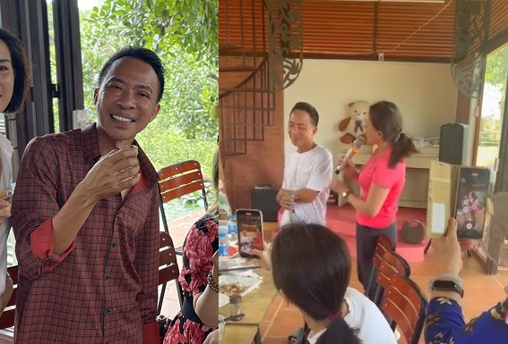 Nam NSƯT xuất hiện trong hình ảnh giản dị, vui tươi khi cùng các bạn cũ hàn huyên tâm sự, hát hò trong buổi họp lớp được tổ chức trong khuôn viên trang trại rộng lớn, đầy đủ tiện nghi.