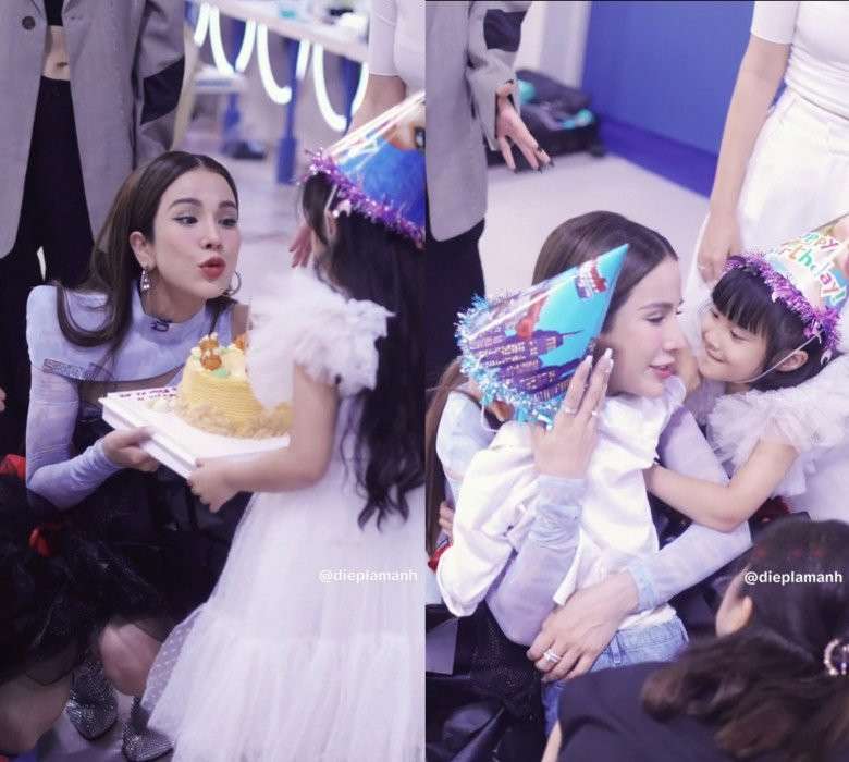 Khoảnh khắc đẹp rạng ngời, hạnh phúc của bà mẹ hai con khi được các thiên thần nhỏ là Boorin và B.Boy bất ngờ tới trường quay chúc mừng sinh nhật. Ảnh cắt clip Instagram.