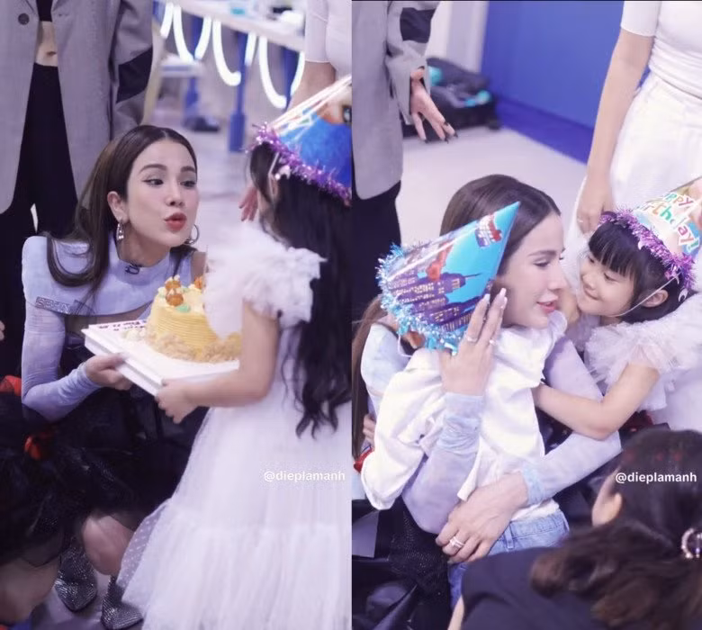 Khoảnh khắc đẹp rạng ngời, hạnh phúc của bà mẹ hai con khi được các thiên thần nhỏ là Boorin và B.Boy bất ngờ tới trường quay chúc mừng sinh nhật. Ảnh cắt clip Instagram.