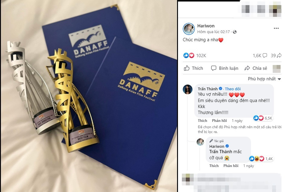 Nữ ca sĩ sau đó cũng lên trang cá nhân gửi lời chúc mừng tới ông xã. Đáp lại đạo diễn phim "Nhà bà Nữ" viết: "Yêu vợ nhiều. Em siêu duyên dáng đêm qua nhé! Thương lắm!".