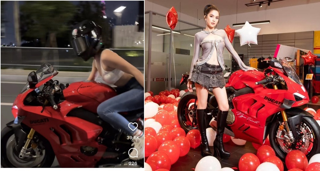 Trong dịp sinh nhật hồi đầu tháng, "nữ hoàng nội y" còn được bạn thân tặng chiếc moto có giá hơn 1 tỷ đồng. Ảnh: FBNV.