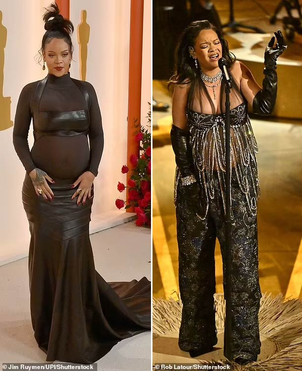 Ngày 12/3/2023, Rihanna xuất hiện tại lễ trao giải Oscar với hai bộ trang phục khá kín đáo. (Ảnh: Shutterstock)