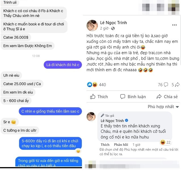 Mới đây, trên trang Facebook cá nhân, người mẫu Lê Ngọc Trinh chia sẻ ảnh chụp tin nhắn bị "gạ đi tour" từ một người lạ. Theo đó, người này cho biết một vị khách của chị ta xem Facebook thấy nữ người mẫu xinh nên muốn "book" cô đi tour ở Thụy Sĩ với giá 26.000 đô (hơn 600 triệu đồng).