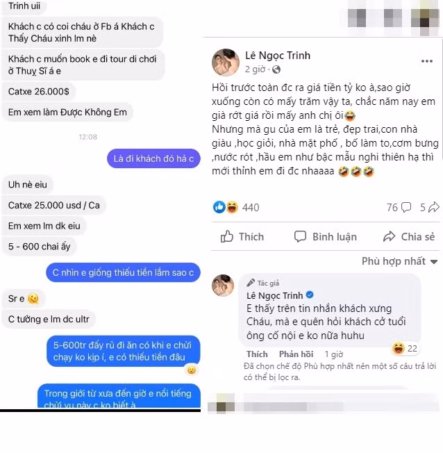 Mới đây, trên trang Facebook cá nhân, người mẫu Lê Ngọc Trinh chia sẻ ảnh chụp tin nhắn bị "gạ đi tour" từ một người lạ. Theo đó, người này cho biết một vị khách của chị ta xem Facebook thấy nữ người mẫu xinh nên muốn "book" cô đi tour ở Thụy Sĩ với giá 26.000 đô (hơn 600 triệu đồng).