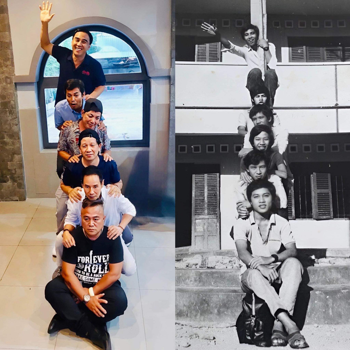 Trên trang cá nhân của mình, MC Quyền Linh cũng chia sẻ thêm một bức ảnh siêu "lầy" bên Lý Hải cùng hội bạn cũ với màn "cosplay" lại hình ảnh cách đây 35 năm. "Hơn 30 năm, chỉ có tình bạn là không thay đổi. Thương lắm và yêu lắm những ký ức của tuổi học trò. Ai có trend này không nè", nam MC bày tỏ.