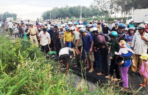... Hàng trăm người đi đường và dân địa phương dừng xem và bắt rắn gây cảnh hỗn loạn. Ảnh VTC News.