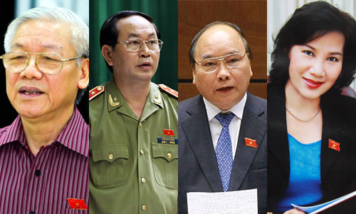 9. Xác nhận 4 ứng viên chủ chốt Ban chấp hành Trung ương khoá XII Sáng 24/1, Ủy viên Trung ương khóa Đảng, Phó Chủ tịch - Tổng thư ký Uỷ ban Trung ương MTTQ Việt Nam Vũ Trọng Kim đã xác nhận, Ban chấp hành Trung ương khoá XI đã thống nhất giới thiệu 4 ứng viên cho các vị chủ chốt của Ban chấp hành Trung ương khoá XII gồm: Nguyễn Phú Trọng được giới thiệu tái cử bầu giữ cương vị Tổng Bí thư khóa XII; Bộ trưởng Bộ Công an Trần Đại Quang được giới thiệu vào vị trí Chủ tịch nước; Phó Thủ tướng Nguyễn Xuân Phúc được giới thiệu vào vị trí Thủ tướng và Phó Chủ tịch Quốc hội Nguyễn Thị Kim Ngân vào vị trí Chủ tịch Quốc hội.