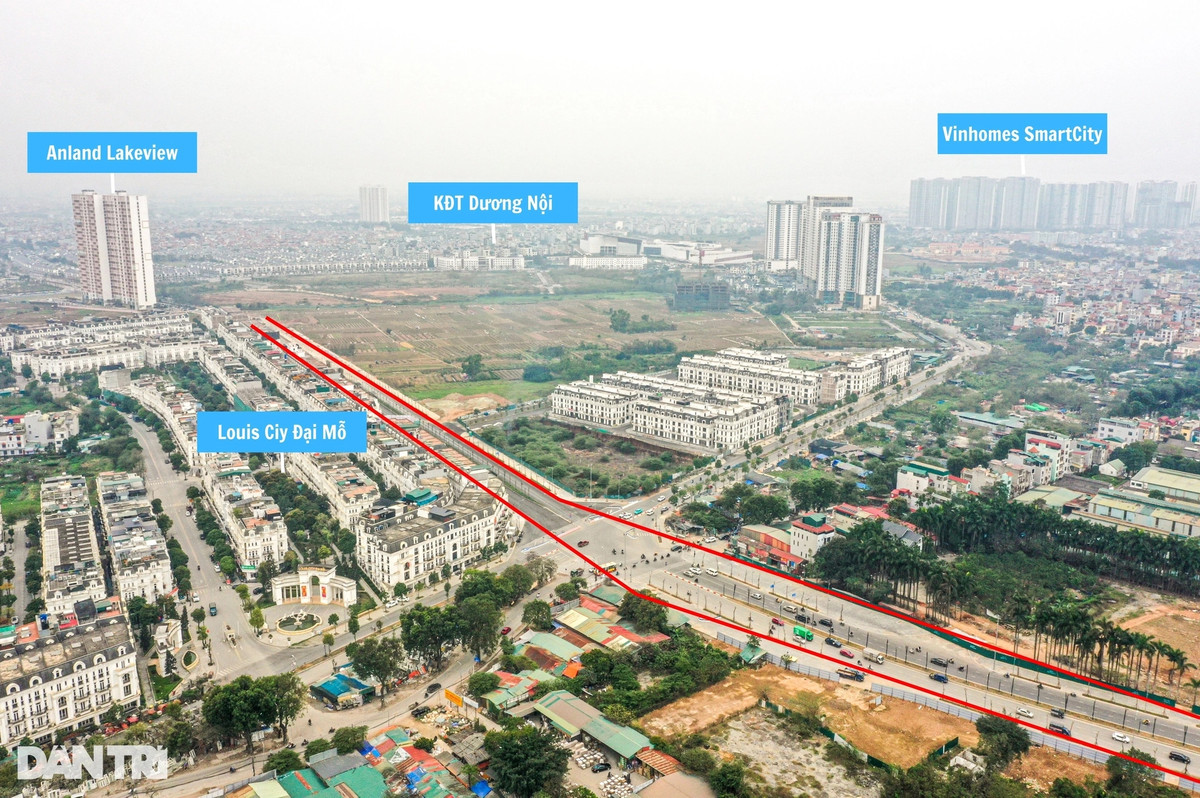Dự án đi qua loạt dự án bất động sản lớn ở Tây Hà Nội. Ngay tại nút giao đường Lê Quang Đạo kéo dài với đường 70 là các dự án Louis City và FLC Premier Parc. Qua hết địa phận phường Đại Mỗ, đường Lê Quang Đạo kéo dài đấu nối vào khu đô thị Dương Nội ở khu vực chân chung cư Anland Lake View... (Ảnh: Dân Trí).