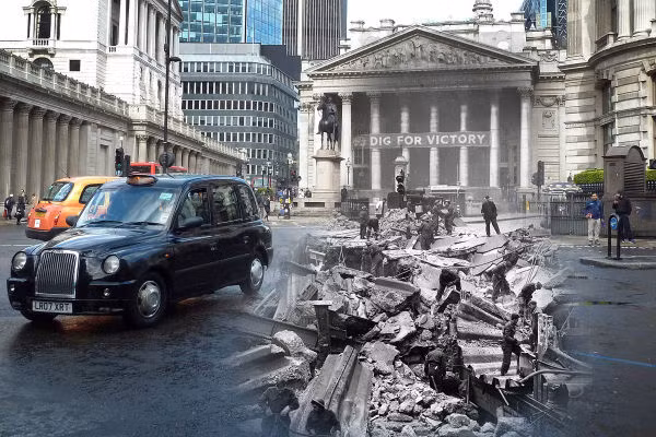 Phần đen trắng của bức ảnh là cảnh binh sĩ đang dọn dẹp đống đổ nát ở ga tàu điện ngầm Bank sau khi nó trúng bom trong đợt không kích Blitz của phát xít Đức. Phần ảnh màu là khung cảnh hiện tại ở địa điểm này chụp ngày 25/4/2016.