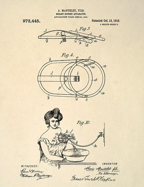Một bộ sưu tập các bằng sáng chế có thật trong lịch sử Mỹ, được cất giấu suốt hàng trăm năm qua cho thấy rất nhiều phát minh chết yểu, kỳ dị thậm chí khôi hài, từ áo giáp chống..., bộ đồ bơi phao bần tới các con búp bê cơ khí ma quái hay kính đeo mắt cho gà. Những thiết kế giàu sức tưởng tượng này đã được Văn phòng sáng chế và thương hiệu Mỹ cấp bằng sáng chế trong giai đoạn từ năm 1871 tới 1933. Ảnh: Một thiết bị dùng để rửa bầu ngực phụ nữ.