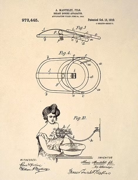 Một bộ sưu tập các bằng sáng chế có thật trong lịch sử Mỹ, được cất giấu suốt hàng trăm năm qua cho thấy rất nhiều phát minh chết yểu, kỳ dị thậm chí khôi hài, từ áo giáp chống..., bộ đồ bơi phao bần tới các con búp bê cơ khí ma quái hay kính đeo mắt cho gà. Những thiết kế giàu sức tưởng tượng này đã được Văn phòng sáng chế và thương hiệu Mỹ cấp bằng sáng chế trong giai đoạn từ năm 1871 tới 1933. Ảnh: Một thiết bị dùng để rửa bầu ngực phụ nữ.