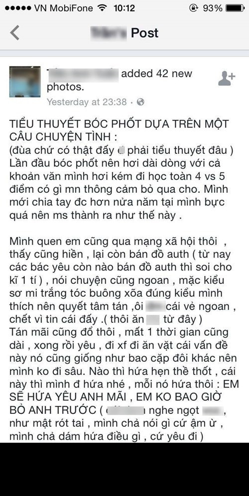 Không chỉ tố hot girl sang chảnh vay tiền không trả, T.A.T còn kể về nỗi khổ của mình trong thời gian yêu cô nàng này. Cụ thể yêu nhau 3 tháng nhưng A.N thỉnh thoảng lại vay tiền T.A.T để phục vụ những việc riêng như tiền vé máy bay, tiền để order hàng, trả góp điện thoại, mua giày. Chiều người yêu nên T.A.T đều đồng ý các khoản này, nhưng sau cùng anh lại chính là người bị “đá” với lý do “quá bảo bọc người yêu”. Hiện tại T.A.T đã xoá bài đăng của mình nhưng câu chuyện này vẫn đang gây bão trên Facebook. Nhiều cư dân mạng cho rằng T.A.T quá dại dột khi mới chỉ yêu 3 tháng mà đã cho vay số tiền khá lớn như vậy.