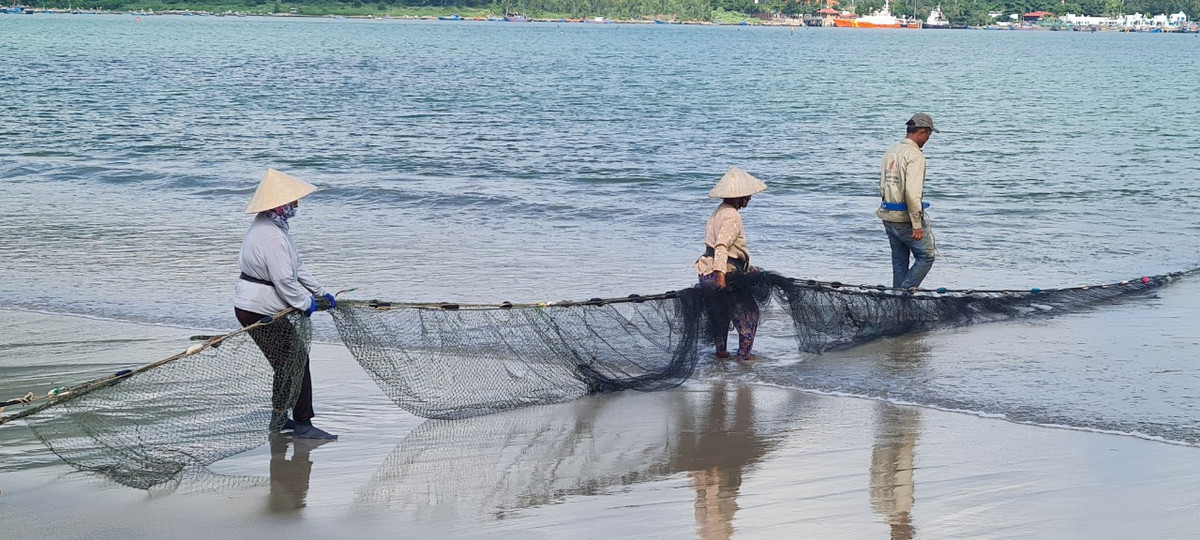 Lưới ngư dân dùng để kéo rùng có dạng hình cánh cung thon dần về phía sau.