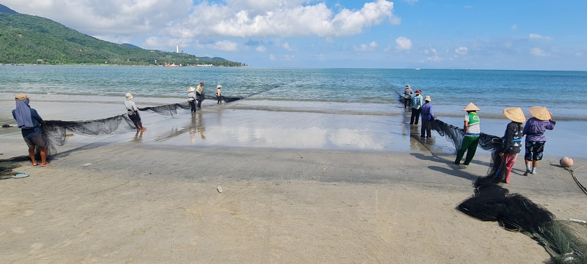 Ngư dân dùng một loại dây bản to vòng vào thắt lưng, đầu kia buộc hờ vào chão cái của lưới, chầm chậm, đều đều, kéo theo hướng đi thụt lùi, mặt vẫn hướng ra biển.