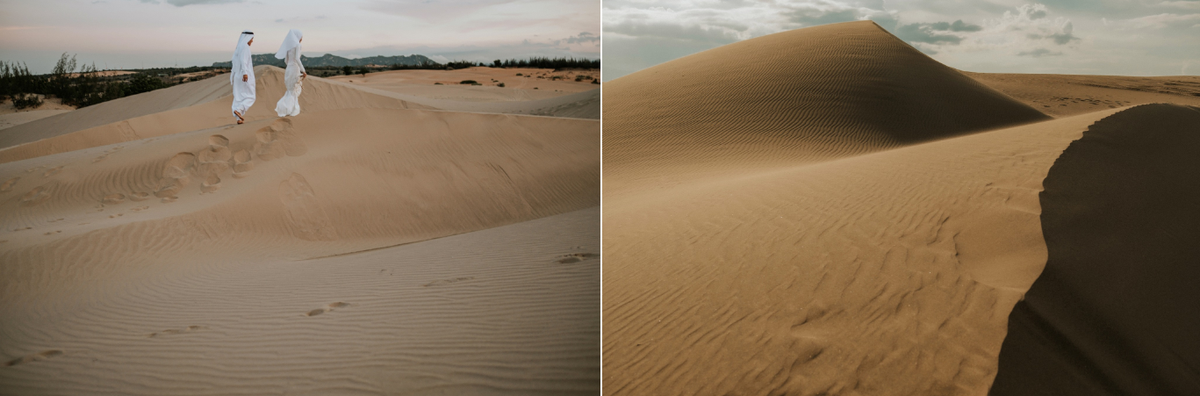Bên cạnh đó, Mũi Dinh tuy là bán hoang mạc nhưng khí hậu mát mẻ, địa hình không quá khô cằn nên du khách tới đây vẫn có thể bắt gặp những loài cây mọc xanh tốt. Thậm chí dưới chân đồi cát còn có những thảm cỏ mơn mởn được người dân địa phương tận dụng làm nơi chăn cừu. (Ảnh: Hien Tran)