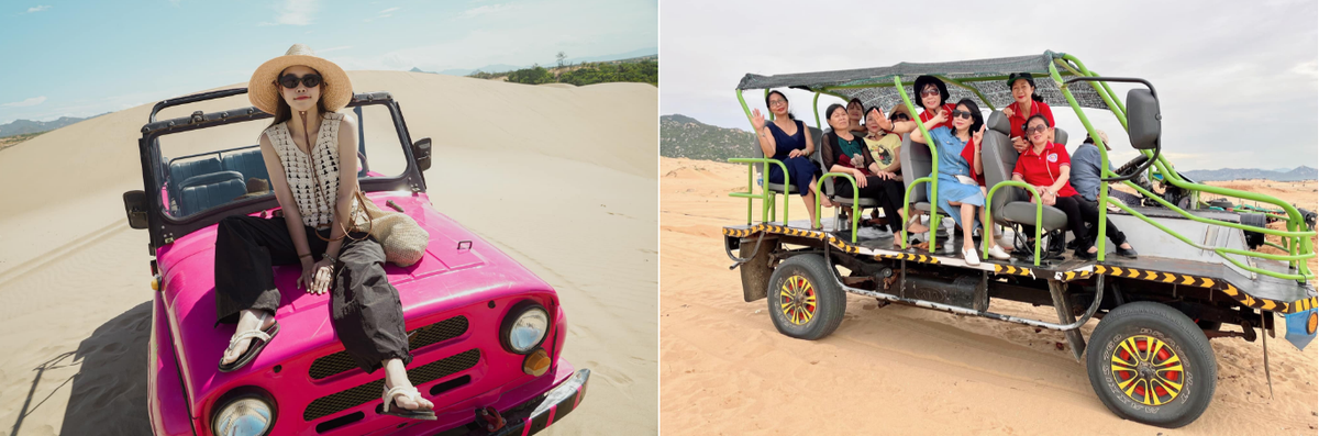 Ngoài các hoạt động trên, nếu tới Mũi Dinh, những du khách ưa cảm giác mạnh có thể tìm đến những trải nghiệm mạo hiểm như lái xe địa hình, ngồi trên xe máy cày chinh phục các đồi cát. Quanh khu vực này có nhiều dịch vụ cho thuê xe địa hình với giá dao động từ 800.000 - 1.600.000 đồng/chuyến, chở khoảng 5-6 người, tùy loại xe và thời gian sử dụng.(Ảnh: Vân Nhi, Trâm Nguyễn) 