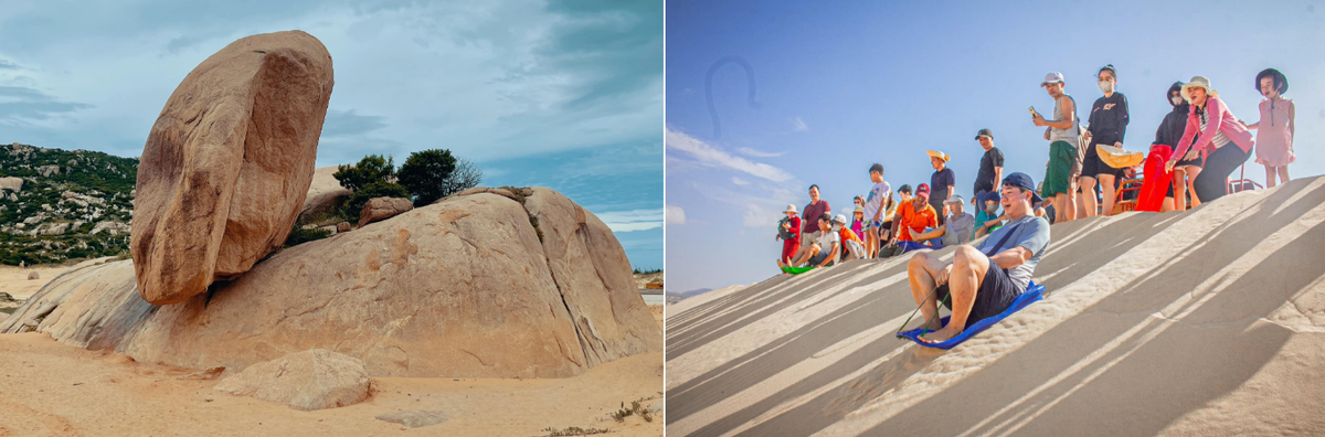 Ngoài ra, du khách tới đây còn có thể tham gia hoạt động trượt cát hoặc tham quan, check-in với những hòn đá cả trăm tấn có hình thù độc đáo, được tạo tác đẹp đến khó tin bởi tự nhiên. (Ảnh: Võ Quốc Thông, Mũi Dinh Camping)