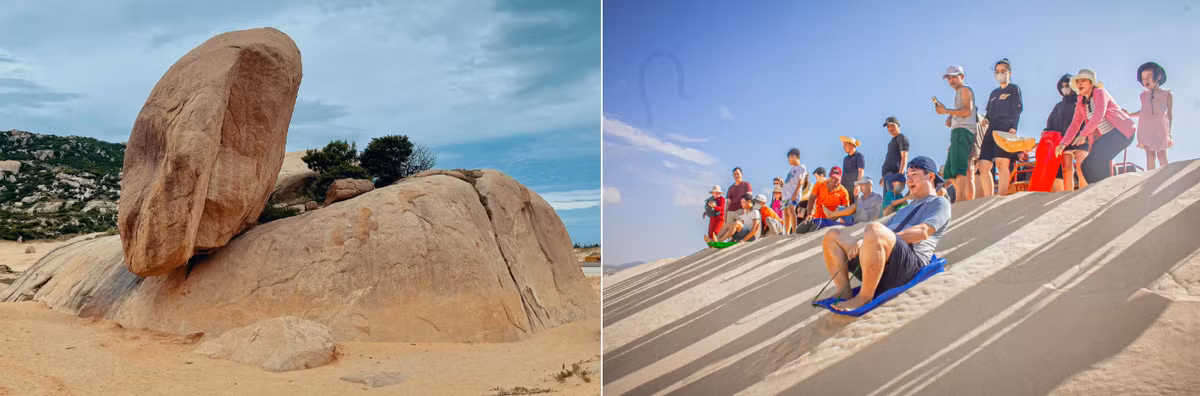 Ngoài ra, du khách tới đây còn có thể tham gia hoạt động trượt cát hoặc tham quan, check-in với những hòn đá cả trăm tấn có hình thù độc đáo, được tạo tác đẹp đến khó tin bởi tự nhiên. (Ảnh: Võ Quốc Thông, Mũi Dinh Camping)