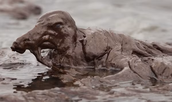 Trong ảnh là một con chim đang bị bao bọc bởi dầu. Thật sự đáng thương. Hình ảnh này chụp tại bờ biển Louisiana, nơi một con chim đến để giải quyết cơn khát của mình, nhưng nó đã bị mắc kẹt trong dầu tràn. Thật bi thảm khi động vật phải gánh chịu những hành vi sai lầm của con người.