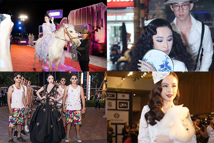 Giống như dược sĩ Tiến, Angela Phương Trinh cũng thường có những ý tưởng khác người khi xuất hiện trên thảm đỏ. Tại một số sự kiện, “bà mẹ nhí” hết cưỡi ngựa lại đến ôm cún, hay thậm chí từng đi xích lô, được dàn vệ sĩ hộ tống. Ảnh: Hoa học trò