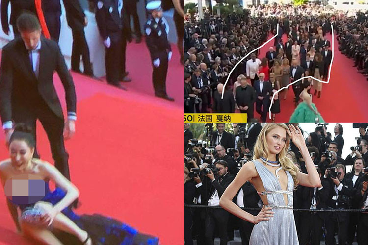Một trong những thảm đỏ diễn ra nhiều trường hợp làm lố nhất là Cannes. Vào mỗi mùa giải, những nghệ sĩ vô danh đều cố chiếm spotlight bằng mọi cách từ ăn mặc hở hang, chây ì trên thảm đỏ, giả vờ té ngã đến mạo danh sao hạng A. Ảnh: Người lao động