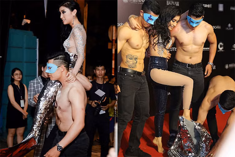 Tham gia Tuần lễ Thời trang Việt Nam 2018, nữ ca sĩ Tiêu Châu Như Quỳnh hóa thân người cá, được 3 người mẫu nam bồng trên vai và lột phụ kiện đuôi cá ngay trên thảm đỏ. Ảnh: Zing, Khỏe và đẹp
