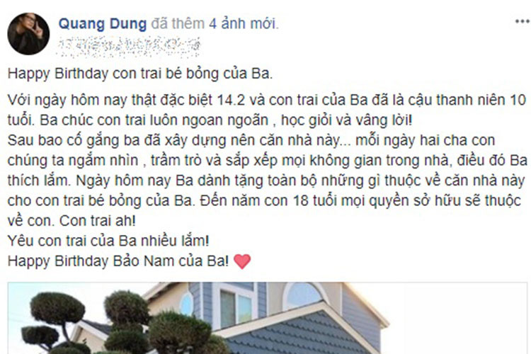 Bé Bảo Nam đang sống cùng ông bà ngoại ở Mỹ trong khi Quang Dũng đi lại giữa Mỹ và Việt Nam vì công việc.