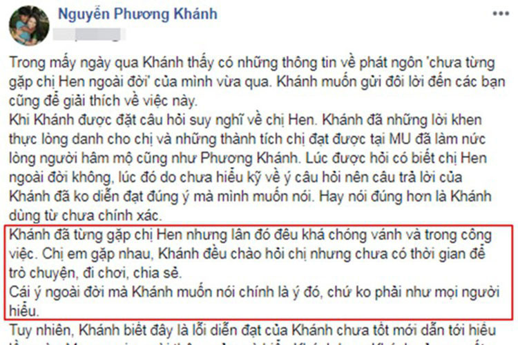 Lời giải thích của Phương Khánh về câu trả lời chưa gặp H’hen Niê vẫn không làm hài lòng dư luận. Nhiều người cho rằng người đẹp gốc Bến Tre chỉ đang cố bao biện cho lời nói dối của mình.