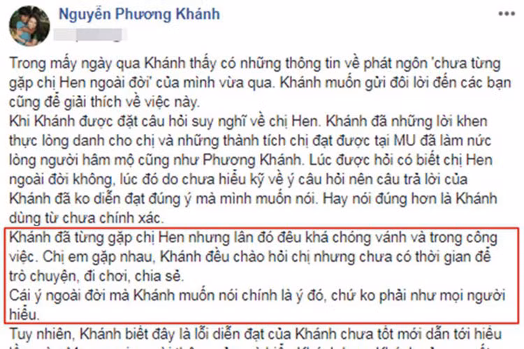 Lời giải thích của Phương Khánh về câu trả lời chưa gặp H’hen Niê vẫn không làm hài lòng dư luận. Nhiều người cho rằng người đẹp gốc Bến Tre chỉ đang cố bao biện cho lời nói dối của mình.