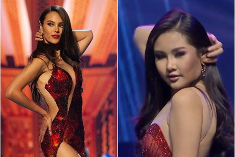 Cộng động mạng so sánh clip catwalk giữa Ngân Anh và Catriona Gray để cho thấy những bằng chứng Ngân Anh vuốt tóc, mặc đầm giống Catriona Gray. Ảnh: Zing