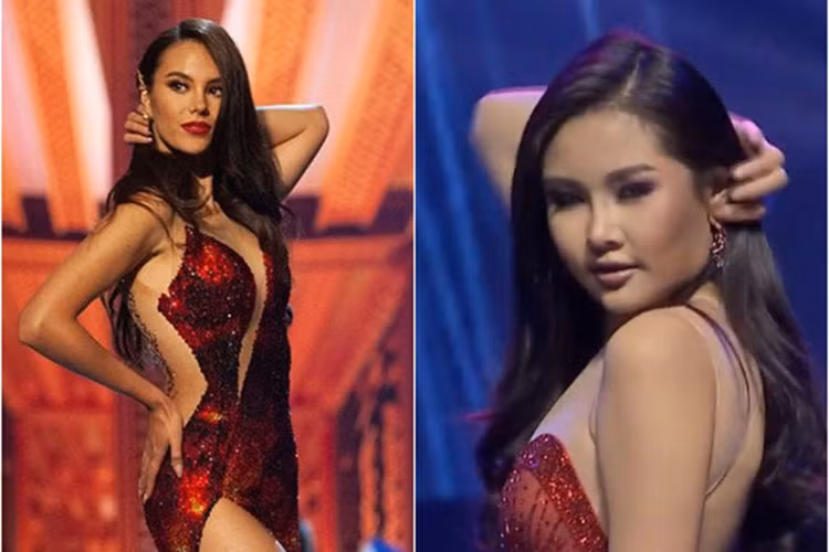 Cộng động mạng so sánh clip catwalk giữa Ngân Anh và Catriona Gray để cho thấy những bằng chứng Ngân Anh vuốt tóc, mặc đầm giống Catriona Gray. Ảnh: Zing