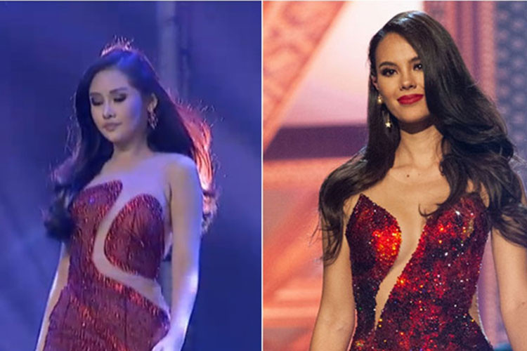 Không chỉ lọt top 6, Ngân Anh còn giành danh hiệu á hậu 4. Tuy nhiên, kết quả này gây tranh cãi khi cư dân mạng phát hiện Ngân Anh bắt chước Hoa hậu Hoàn vũ thế giới 2018 - Catriona Gray từ trang phục, cách tạo dáng đến catwalk. Ảnh: Zing