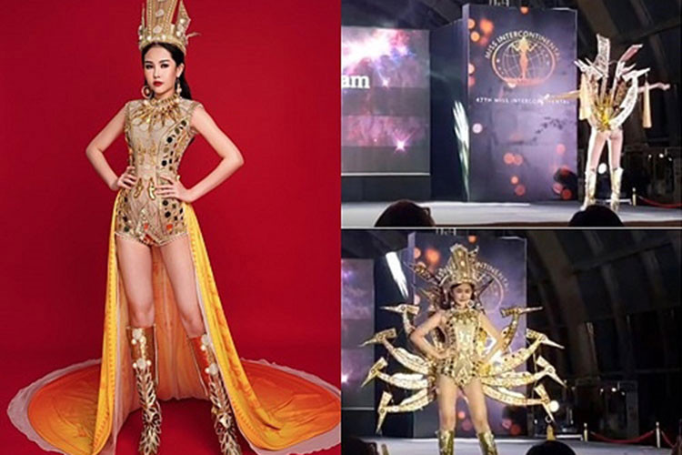 Trước chung kết, Ngân Anh đã liên tục vướng lùm xùm. Cô bị lộ vòng ba trên sân khấu vì diện bộ jumpsuit quá ngắn ở phần thi trang phục dân tộc. Ảnh: Một thế giới