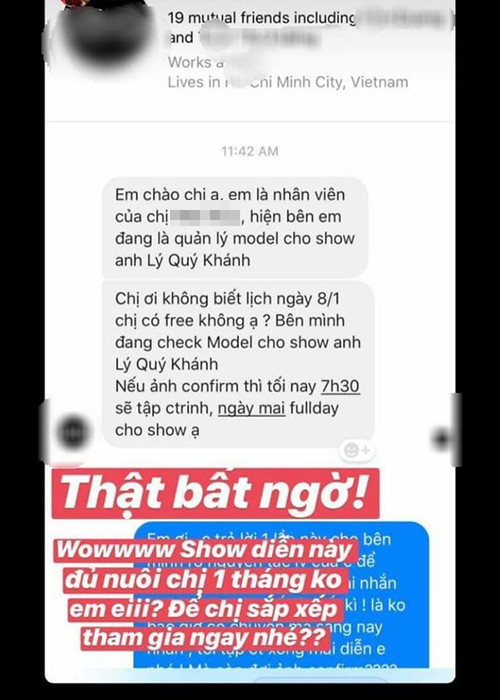 Minh Triệu đăng tải loạt tin nhắn với phía bên quản lý người mẫu cho show của Lý Quí Khánh để làm bằng chứng. Ảnh: FBNV