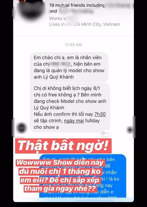 Minh Triệu đăng tải loạt tin nhắn với phía bên quản lý người mẫu cho show của Lý Quí Khánh để làm bằng chứng. Ảnh: FBNV