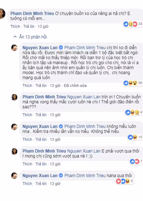 Trong cuộc trò chuyện với Minh Triệu, Xuân Lan tiết lộ cô nhận được mời dự show diễn của Lý Quí Khánh nhưng sau đó lại bị biến thành người mẫu diễn show mặc dù cô không còn đi diễn. Ảnh: FBNV