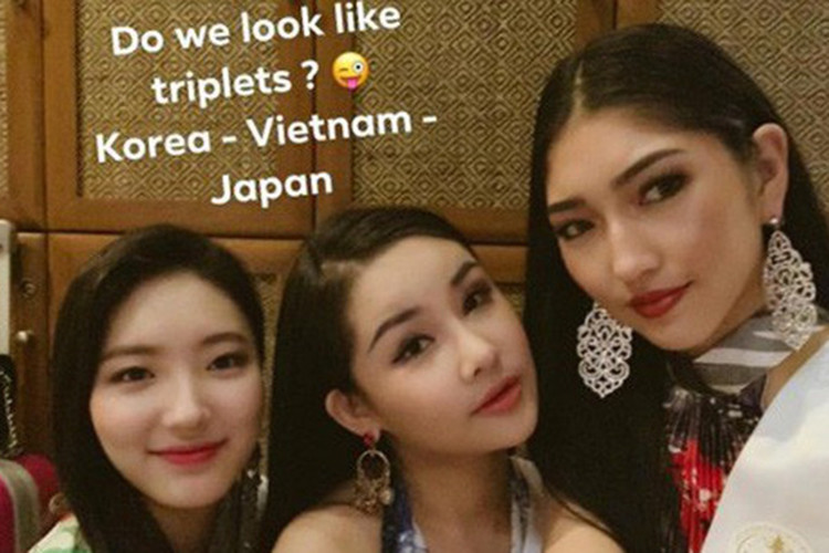 Ngân Anh vui vẻ chụp ảnh cùng người đẹp Hàn Quốc và Nhật Bản cùng dòng chú thích bày tỏ cả ba giống như chị em sinh ba.