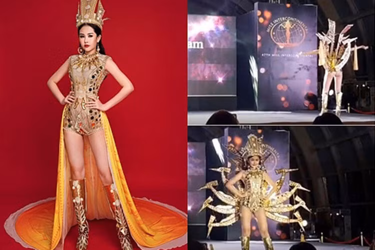 Trong 2 đêm thi, Ngân Anh đều gặp sự cố trang phục. Cụ thể, ở đêm thi trang phục dân tộc, cô được cho là lộ vòng 3 phản cảm. Ảnh: Một thế giới