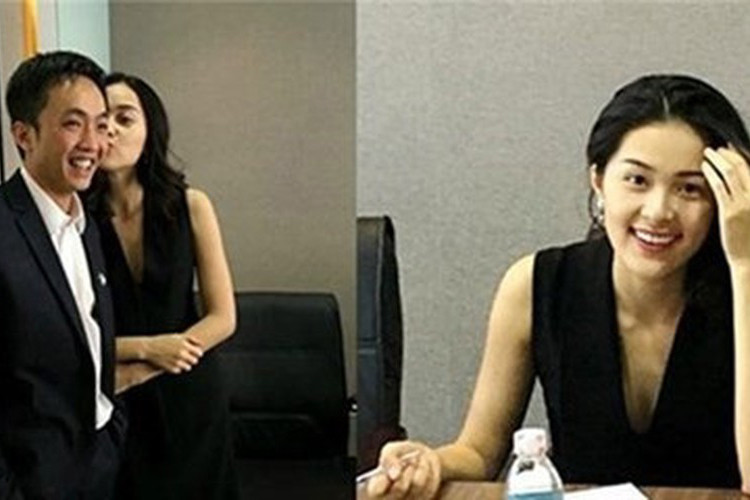 Khoảnh khắc Hạ Vi hôn má Cường Đô la khi đến công ty của vị doanh nhân này làm việc. Ảnh: Báo giao thông